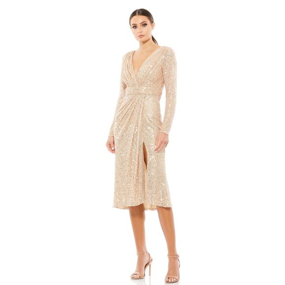 Mac Duggal Dresses & Skirts - NWT Mac Duggal Rose Gold Sequined Faux Wrap Midi Dress Size 16